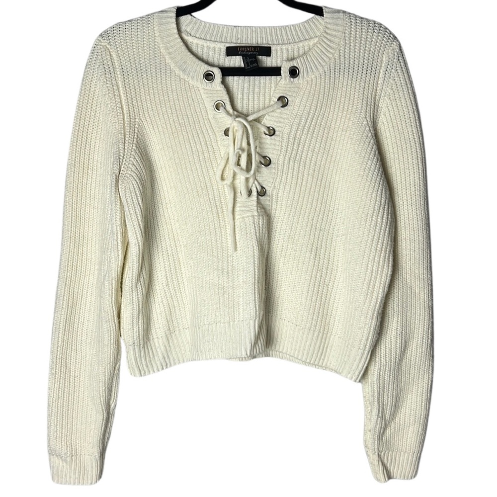 Forever 21 Cream Waffle Knit Cropped Sweater with Tie in Front